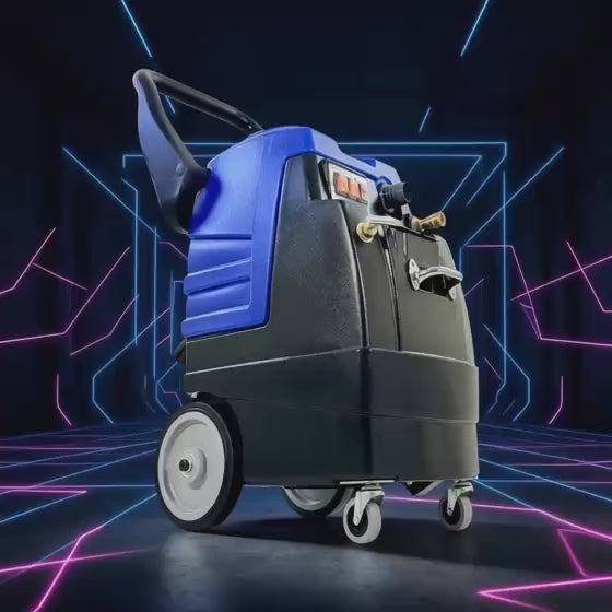Ashbys Sensei 250 psi compact carpet cleaning machine with HD 3‑stage vacuum, large rear wheels and portable design, shown against a modern neon backdrop.