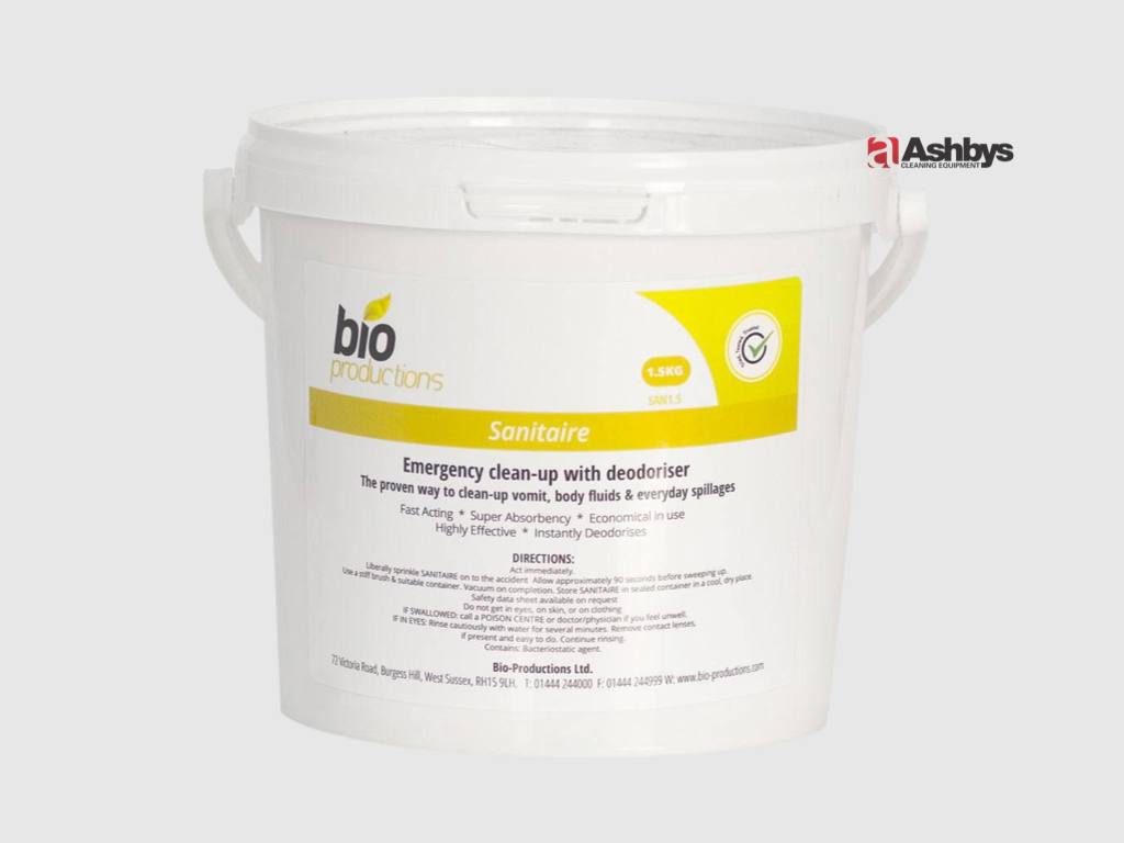 Bio Productions Sanitaire Absorbent Emergency Clean Up Powder SAN15 1.5 Kg Tub - for Vomit / Sick, Blood & Faeces
